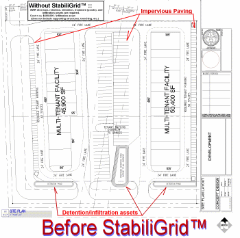 StabiliGrid used to reduce, and often eliminate, developmental costs for storm water runoff management plans - using StabiliGrid porous pavers to provide both parking stalls and in-situ SWR infiltration.